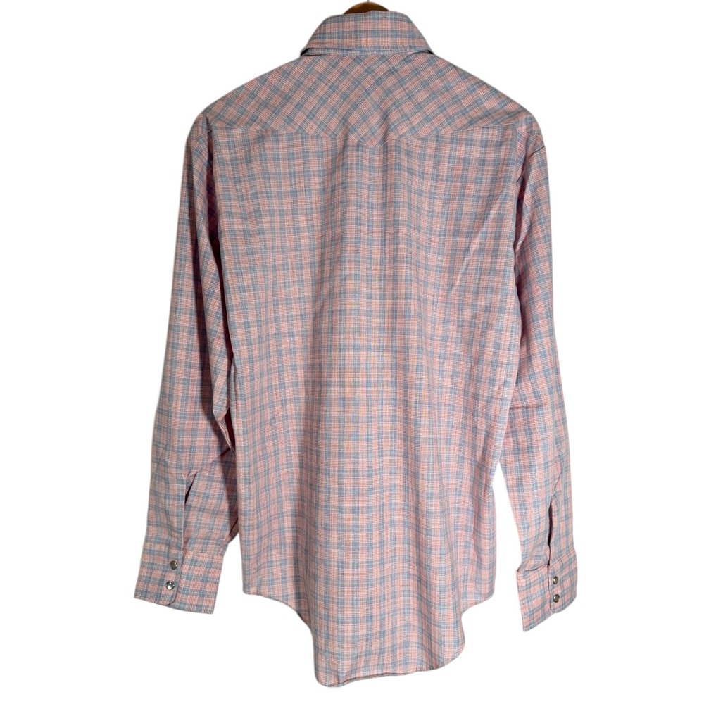 Vintage 70's 1 UP Men's Plaid Long Sleeve Pearl Snap Shirt Pink Blue Large - Picture 3 of 4